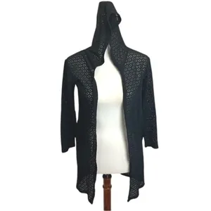Pamela Black Crochet Lace Hooded Open Front Cardigan Geometric Knit OS thumbnail 2