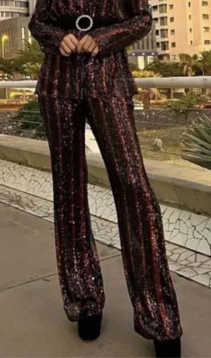 Zara | Sparkle Sequins Flare Wide Leg Pants Striped‎ Black Red - 3440/251/800 thumbnail 1