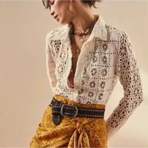 Free People FP One Yesenia Blouse M Crochet Embroidered Button Down Ivory Boho thumbnail 10