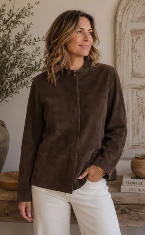 VTG 90s Amanda Smith Faux Suede Minimalist Jacket Brown Size 8 ~ Excellent thumbnail 1