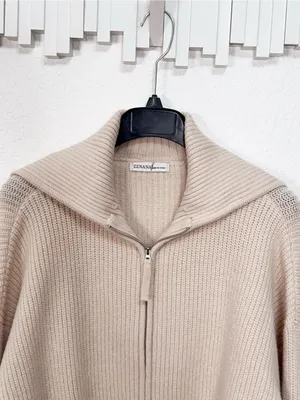 Zenana Beige Ribbed Knit Two Way Zip Up Sweater Jacket Oversized Collar Cardigan thumbnail 6