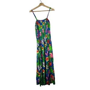 Boutique Island Planet Royal Blue Tropical‎ Floral Smocked Maxi Dress S thumbnail 2