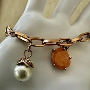 Rose Gold-Tone Charm Bracelet with Hearts, faux Pearl & Carved Rose thumbnail 2
