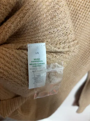 Aerie Cozy Up Waffle Knit Oversized Collar Quarter Button Tan Sweater Size L thumbnail 6