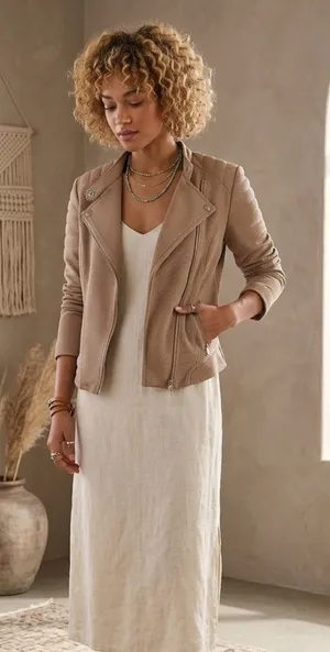 🔴RolyPoly Boho Textured Moto Jacket - Minimalist Sand Quilted Detail Size M thumbnail 1