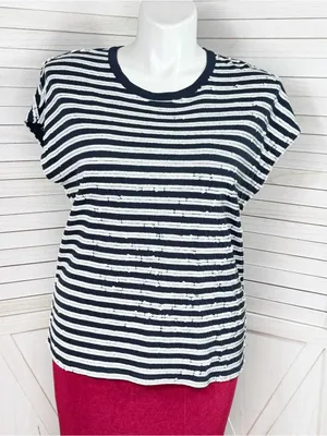 Lauren Ralph Lauren Sequin Striped Cap Sleeve Top Blue White Large Nautical thumbnail 1
