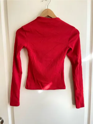 Zara Y2K Cotton Square Neck Ribbed Long Sleeve Top Red Orange Size S Stretch thumbnail 2
