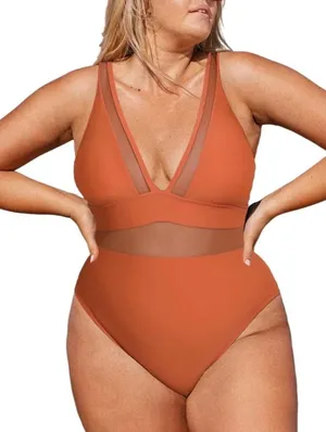 Cupshe Women Burnt Orange Mesh V-Neck One-Piece Swimsuit DGA12E3D001JJ 1X NWT thumbnail 1