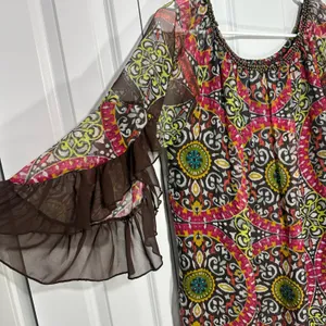 Mini Dress Off Shoulder L Bell Sleeve Paisley Sheer Boho Festival Hippie Gypsy thumbnail 4