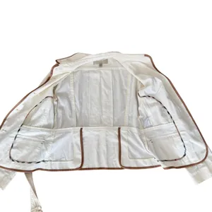 Burberry Faversham Ivory Brown Trim Cotton Blend Belted Jacket UL thumbnail 8