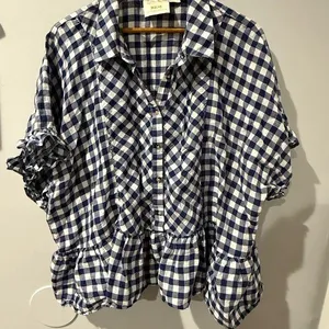 Anthropologie Maeve Linen Top Blue White Gingham Peplum Ruffle Oversized XL C thumbnail 1