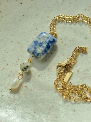 Handmade gem stones & freshwater pearl boho statement necklace🌀💙 thumbnail 4