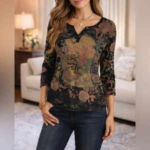 Susan Lawrence Earthy Embellished Dahlia Top | Studded Boho Floral Shirt | L thumbnail 2