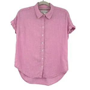 Lola River Linen Blend Pin Stripe Button Womens Shirt Sz M Pink Preppy Coastal thumbnail 2