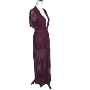 Haute Monde Plum Purple Floral Lace Deep V-Neck Boho Maxi‎ Romper Dress Small thumbnail 5