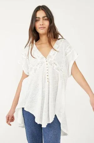 Free People nwt bohemian crochet oversize white cotton Linen top blouse tunic thumbnail 1