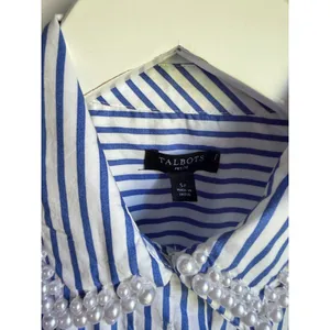 Talbots Petite Blue White Stripe Pearl Embellished Cotton Button Front Shirt SP thumbnail 3