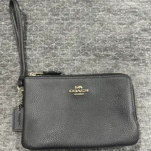 Coach Double Zip Wristlet Pebble Leather Black Wallet Clutch thumbnail 1