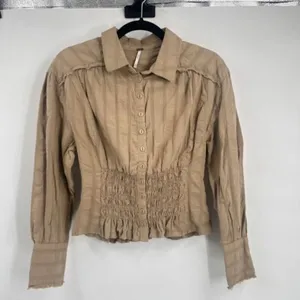 Free People Tammy Button down Tan Size XS‎ Crinkle Smocked Top Collared thumbnail 3