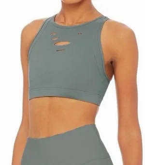 Alo‎ Yoga Warrior Ripped Sports Bra Gray Cross Back Strappy Size S Yoga Gym Chic thumbnail 1