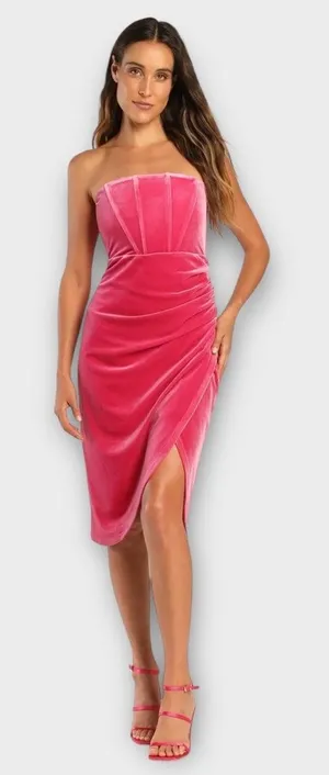 Lulus Knee Length Dress Women's Small Pink Velvet Strapless Bodice Tulip thumbnail 1