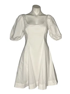 STAUD Laelia Mini Dress White Cotton Lined Puff Sleeves Size 8 thumbnail 3
