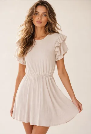 Urban Rose Knit Mini Dress Cottagecore Ruffle Sleeve Summer Wedding Event Ribbed thumbnail 1