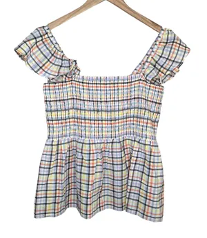 multicolor plaid smocked off shoulder baby doll top size large thumbnail 1