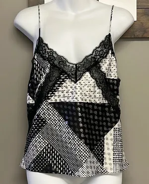 Victoria’s Secret Lace And Blk/Wht/Silver Patchwork Pattern Adjustable Cami- Med thumbnail 1