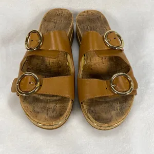 Michael Kors‎ Tan Leather Double Buckle Cork Platform Sandals Slides Sz 7-flaw thumbnail 2