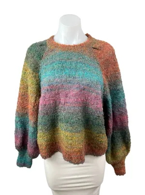 Aqua Women's Multicolor Knit Rainbow Stripe Long Sleeve Crew Sweater Top Size L thumbnail 1