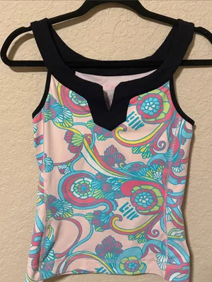 Lilly Pulitzer Pink Multicolor Floral Tank with Navy Neckline thumbnail 1