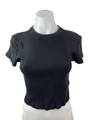 Aritzia TNA Women's Black Ribbed Knit Crew Sculpt Cropped T Shirt Tee Top Size L thumbnail 1