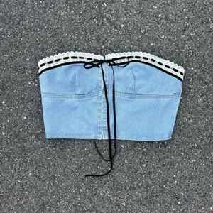 NWT Pretty Little Thing Denim Lace Crop top Size 8 thumbnail 2