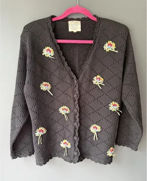 Susan Bristol Petites Hand Embroidered Black Knit Cardigan Sweater Medium thumbnail 1