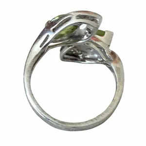 925 Sterling Silver Green Peridot Style Two Stone Bypass Ring thumbnail 8