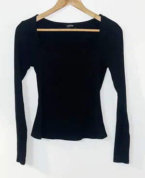 Cider women’s black ribbed waist length square neck long sleeve top thumbnail 1
