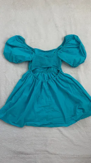 A New Day Square Neck Blue Smocked Open Back Puff Sleeve Dress thumbnail 3