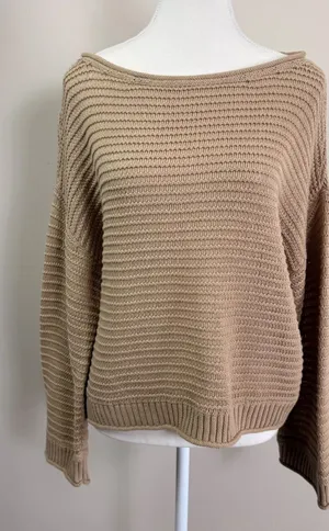 Aerie Womens Tan Cotton Textured‎ Open Stitch Boatneck Pullover Sweater Size M thumbnail 1