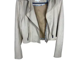 Anthropologie Faux Suede Moto Jacket Beige Cropped Open Front Floral Trim Small thumbnail 2