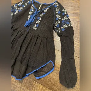 Free People transparent black blue embroidered tassel blouse women’s size XS thumbnail 3