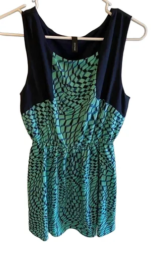 Estam Blue Green Sleeveless Round Neck Lightweight‎ A-Line Mini Dress USA Size M thumbnail 1
