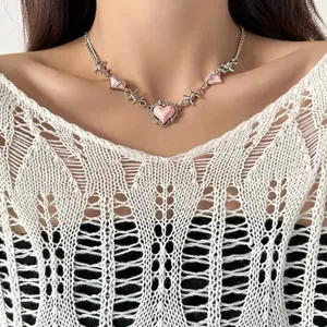 Creative Pink Heart Barbed Wire Silver Plated Choker‎ Length Necklace Soft Goth thumbnail 2