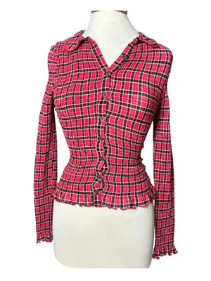 NWT Free People Red Plaid Smocked Button-Front Long Sleeve Top (Size XS) thumbnail 2