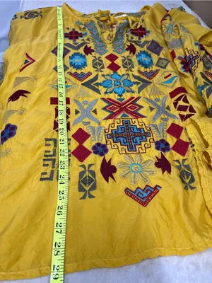 Biya Johnny Was golden Yellow Embroidered Boho long sleeve Top L blouse geometri thumbnail 5