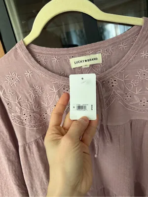 NWT Lucky Brand embroidered babydoll blouse top lavender tie front long sleeve thumbnail 4