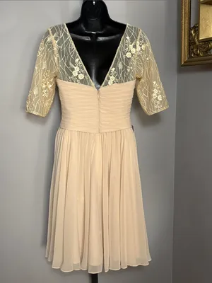 NEW Azazie Size 6 Hattie Champagne Elegant Cream Lace Chiffon Midi Dress thumbnail 2