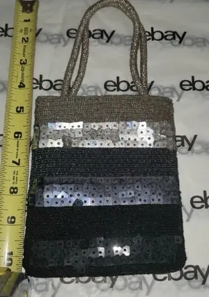 Beaded Sequin Mini Evening Bag Silver Black Striped Purse Small Handbag thumbnail 1