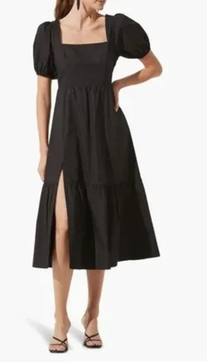 ASTR the Label Poplin Puff Sleeve Tiered Midi Dress Black sz. medium thumbnail 1