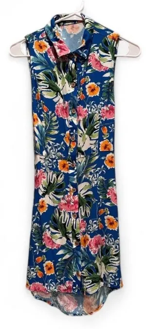Bershka Blue Colorful Floral Mini Collared Button Down‎ Dress Sz Small thumbnail 1